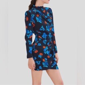 Maje Ripita Floral Wrap Dress Black Blue Orange Long Sleeve Mini Size 1 S